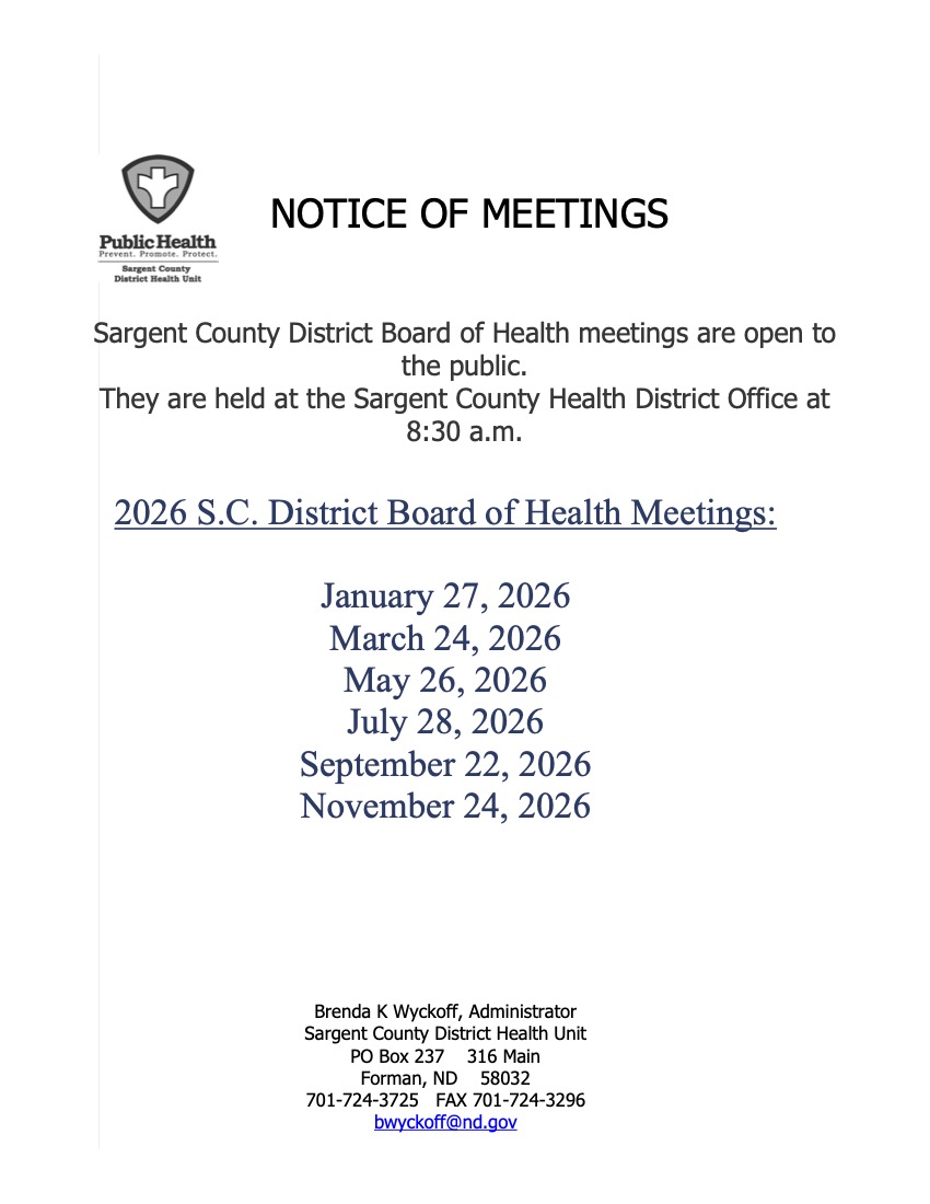 Sargent County District Board of Health Meetings Notice